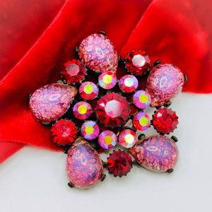 Vintage Glass & Aurora Borealis Rhinestones Star Brooch Pin Pink Red OS
